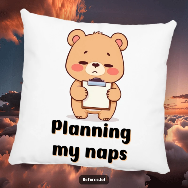 Funny decorative pillow featuring a giggling bear with a stern yet cute expression, tapping a tiny clipboard, adding a touch of humorous office charm.