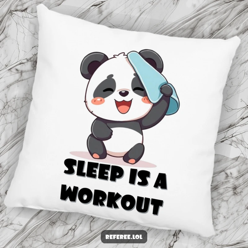Funny pillow with a giggling panda character wiping sweat from its brow. Soft and humorous decor.