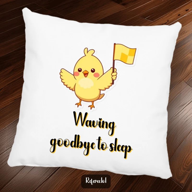 Funny pillow featuring a cheerful bird waving a yellow checkered flag, bringing comfort and a sense of victory.