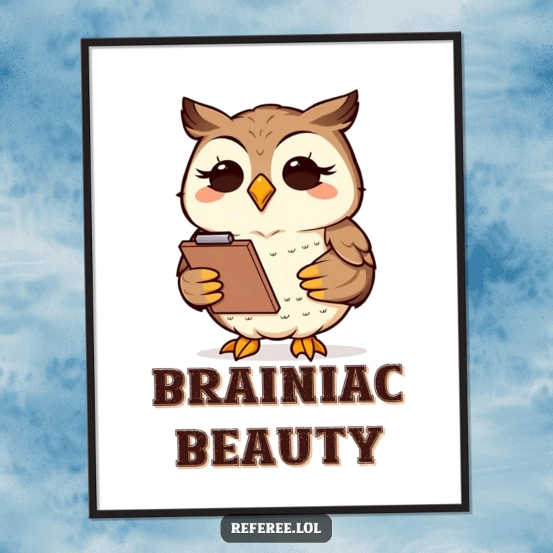 Funny wise owl holding a clipboard, ready to take notes, as a downloadable funny digital art print.
