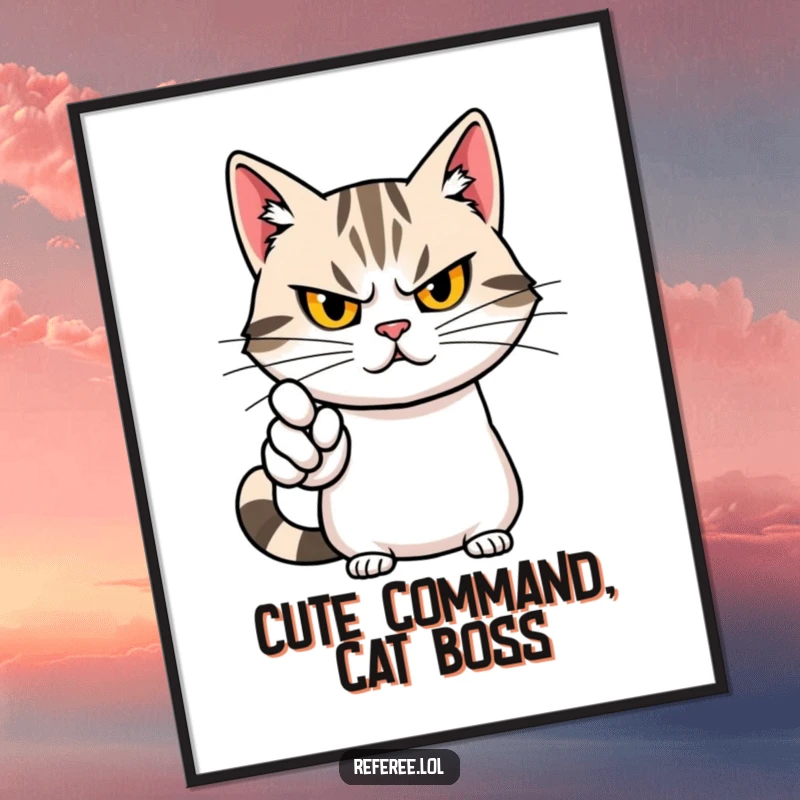 Funny digital art print of a determined cat with a stern yet cute face, dramatically pointing with authority and charm.