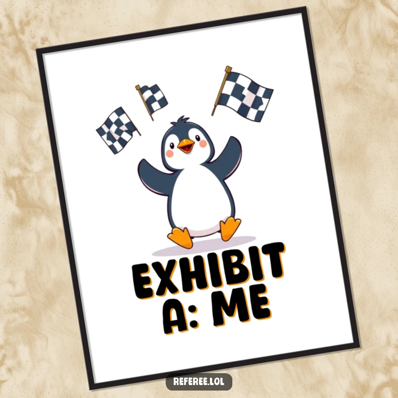 Funny Penguin Digital Art: A playful penguin character comically juggles penalty flags, offering a burst of hilarious energy for your digital display or print.