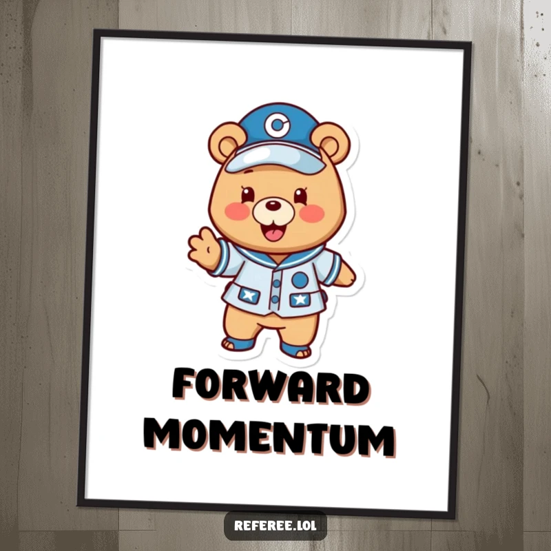 Funny bear coach digital art print of a happy uniformed bear excitedly gesturing a play forward, perfect for motivational and humorous wall decor.