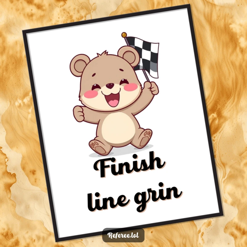 Funny bear cub digital art print, joyfully waving a checkered flag, symbolizing triumph and a happy racing spirit.