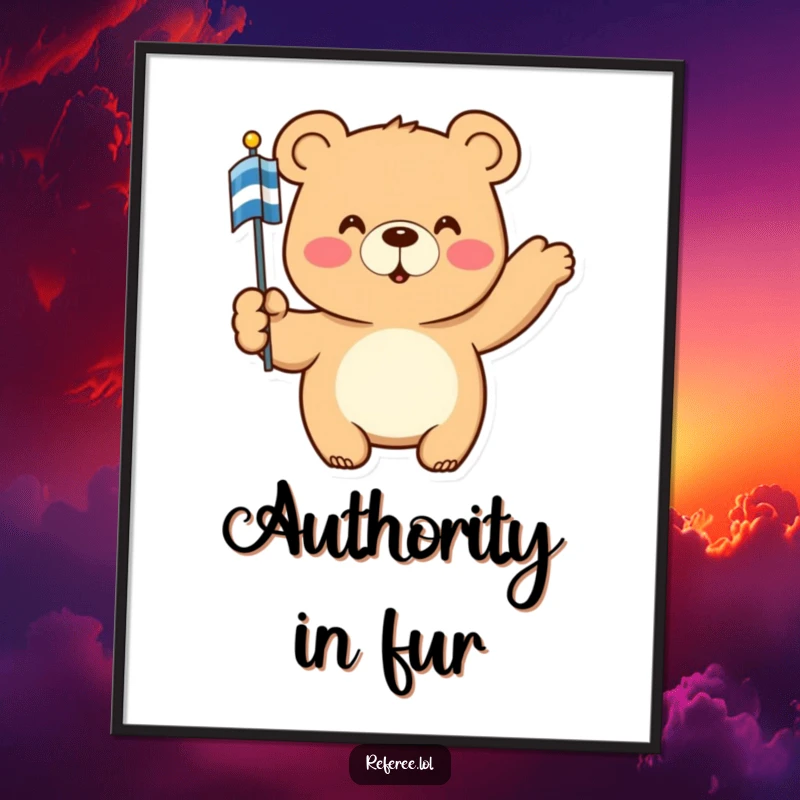 Funny Digital Art: A happy bear points authoritatively with a striped flag, creating instant humorous wall decor with a guiding spirit.