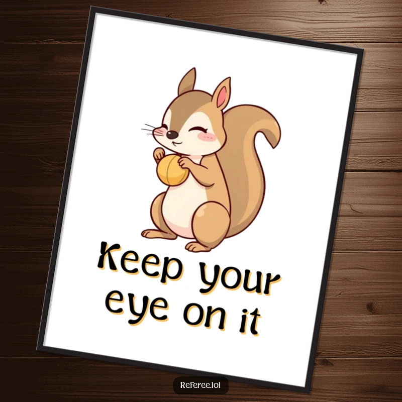 Funny digital art print of a playful squirrel balancing a small ball on its nose. Whimsical and humorous wall decor.