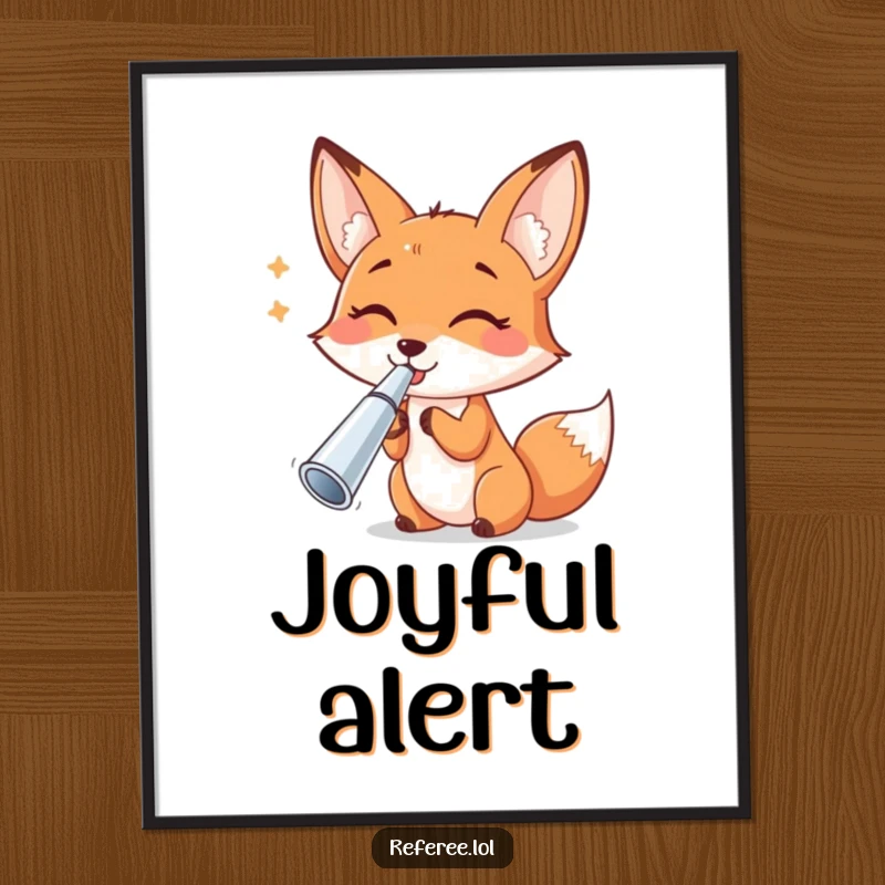Funny cheerful fox blowing a shiny silver whistle, ready to signal fun, as a downloadable funny digital art print.