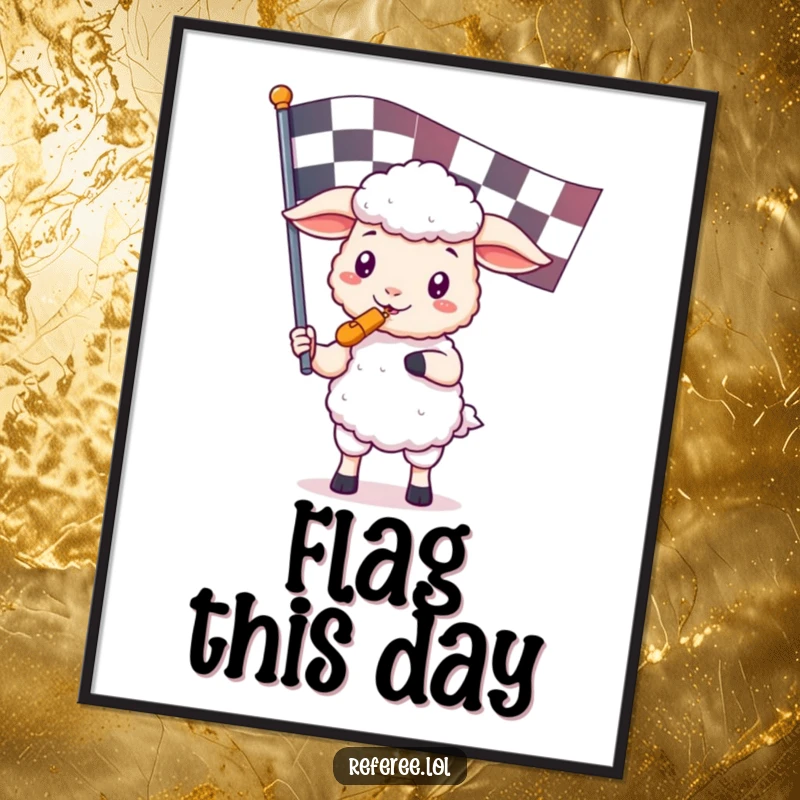 Funny digital art print of a kawaii sheep character holding a referee whistle and giant checkered flag, embodying cute and humorous game-control.