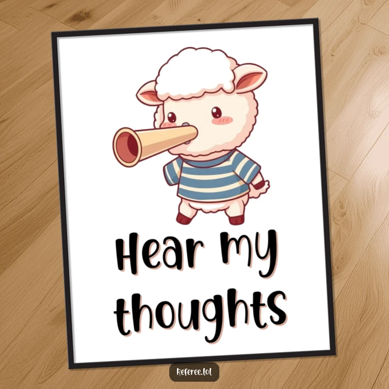 Funny fluffy sheep wearing a striped shirt, blowing a giant whistle on a digital art print, for instant humor.