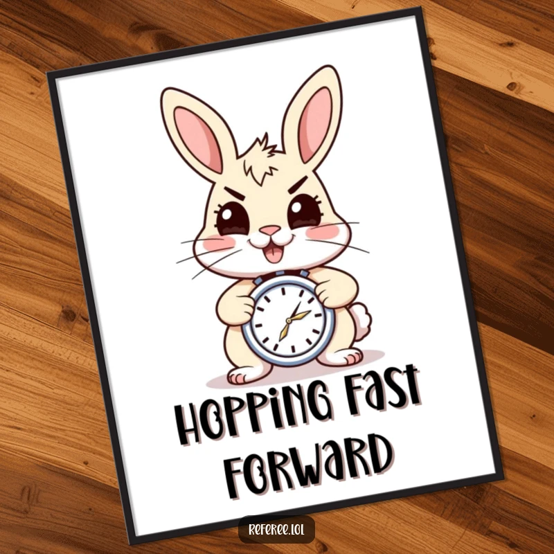 Funny digital art print: a cheerful, energetic rabbit holding a stopwatch. Perfect dynamic decor and a great funny gift.