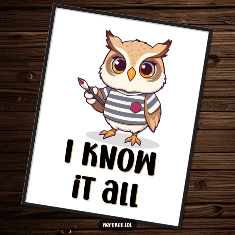Funny Owl Digital Art Print of a proud owl in a striped jersey, holding a pointer, designed to bring scholarly humor to your walls.
