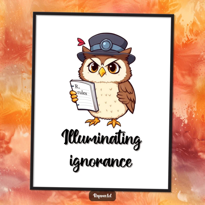 Funny owl professor digital art print of a confused owl in a fancy hat holding a rulebook upside down, perfect for witty and intellectual wall decor.