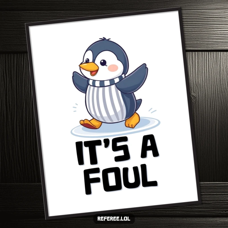 Funny cheerful penguin sliding on ice, making a referee gesture, delivered as a digital art print for instant humorous sports decor.