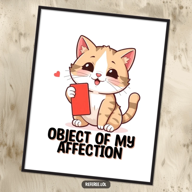 Funny cat digital art print showing a mischievous kitten swatting at a miniature red card, bringing instant laughter and personality.