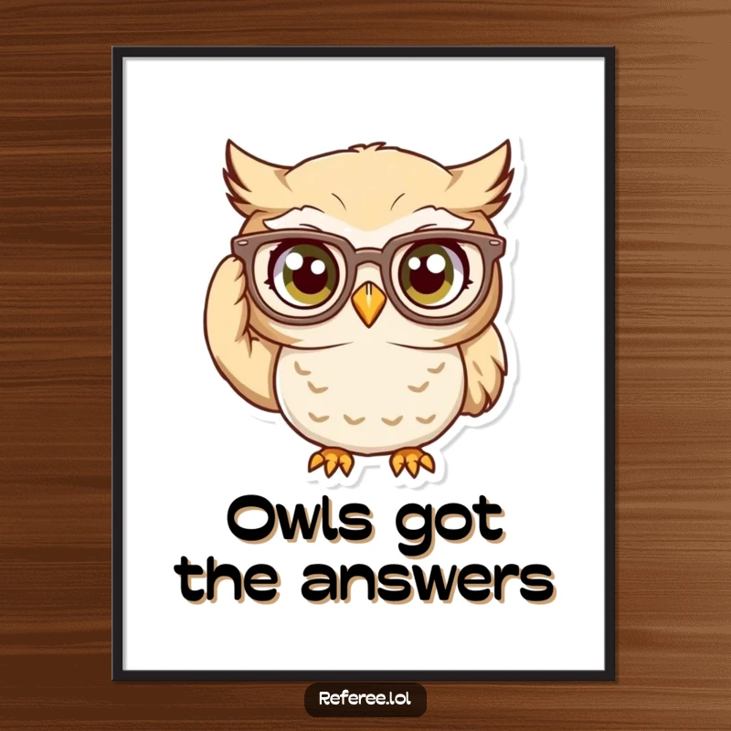 Funny Digital Art Print: Curious owl character adjusting oversized glasses, vibrant humorous illustration of intense focus.