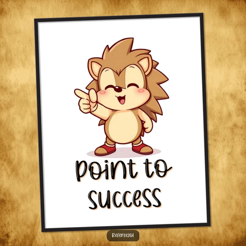 Funny hedgehog digital art print, happily pointing towards a goal line, embodying ambition and cheerful determination.