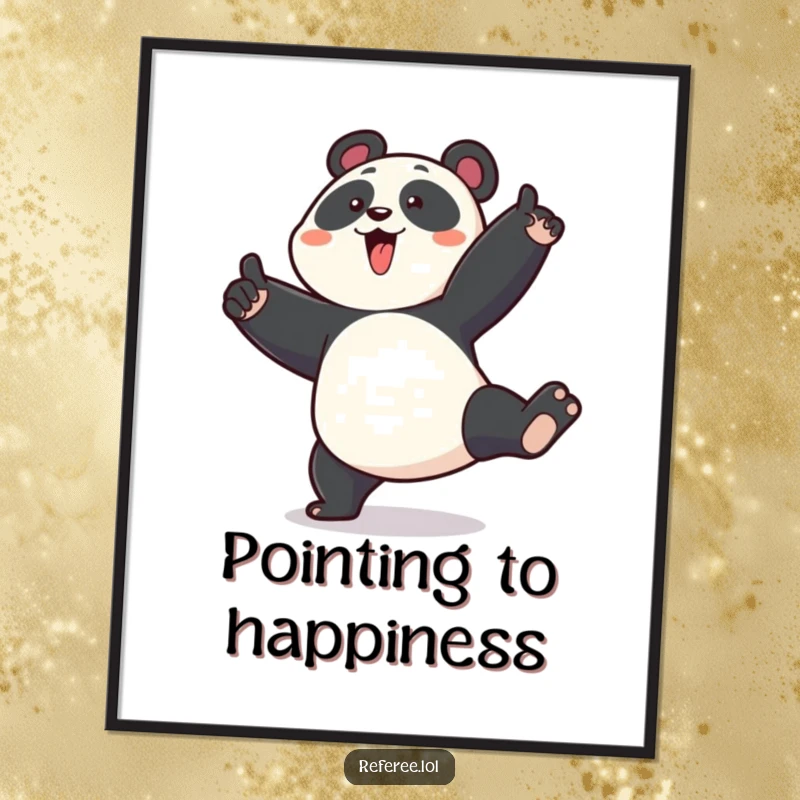 Funny digital art print of an enthusiastic panda stomping its foot and pointing emphatically, adding humorous energy to walls.