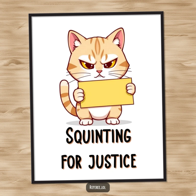 Funny Digital Art: A determined cat squints, holding a yellow card firmly, creating humorous wall art with a strict yet comical referee vibe.