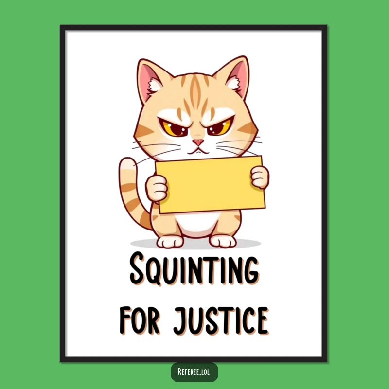 Funny Cat Digital Art: Referee Cat with Yellow Card, Instant Humorous Decor