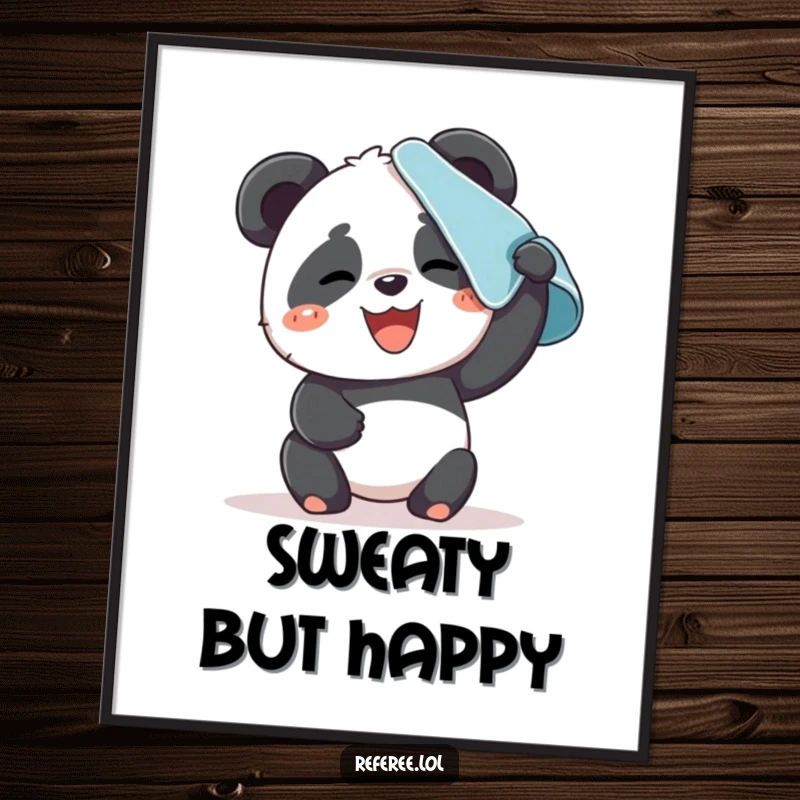 Funny digital art print of a giggling panda wiping sweat from its brow with a towel. Humorous decor.
