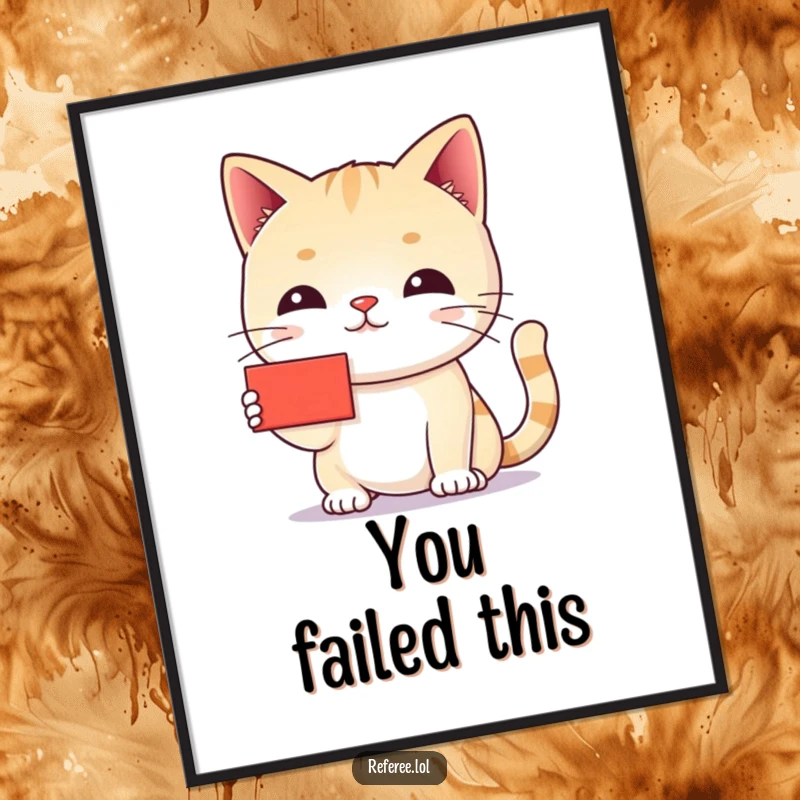 Funny cat red card digital art print of a chiding cat holding a tiny red card, bringing playful feline judgment.