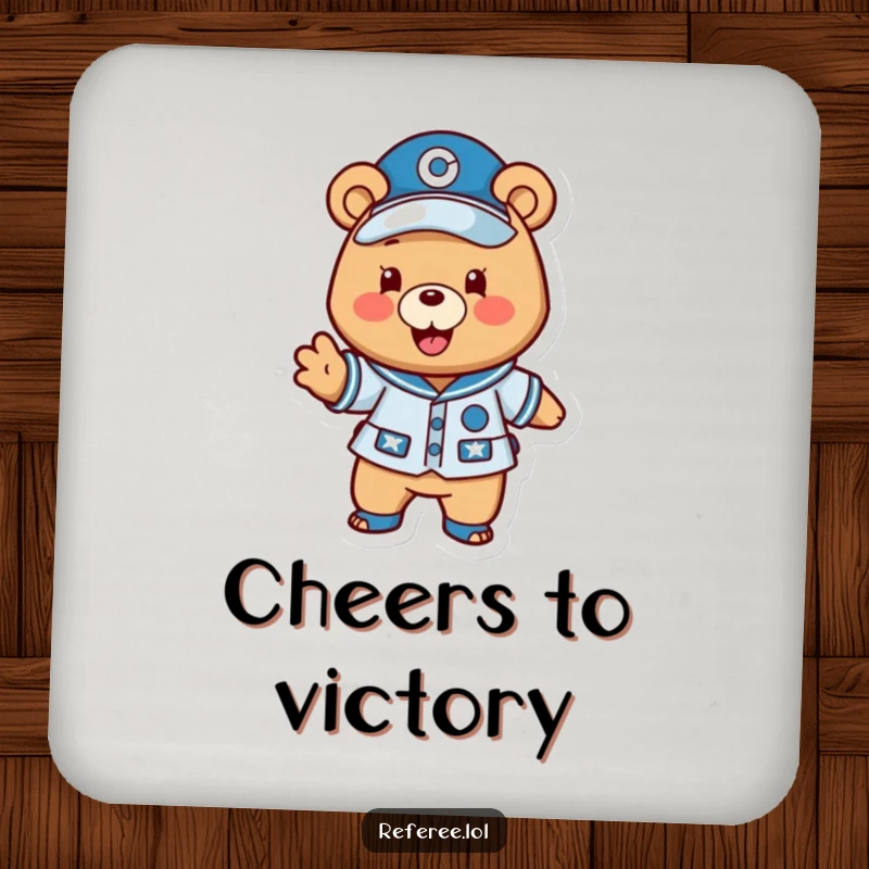Funny bear sports coaster featuring a happy uniformed bear excitedly gesturing a play forward, adding motivational humor to tables.