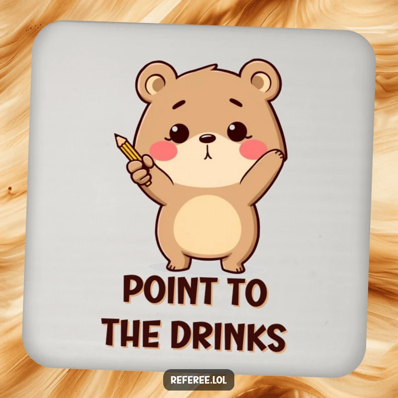 Funny determined bear energetically pointing with a tiny pencil on a drink coaster, preventing spills with direction.