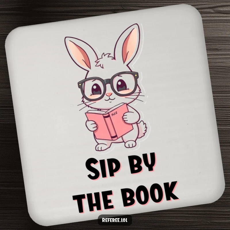 Funny drink coaster with a shy bunny adjusting oversized glasses and holding a rule book, perfect for protecting surfaces studiously.
