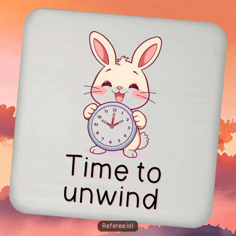 Funny bunny drink coaster with a delighted bunny holding a stopwatch and smiling. Cute and humorous timekeeping accessory.