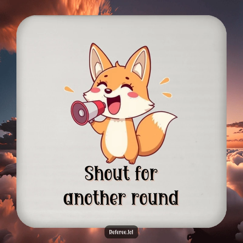 Funny drink coaster with a cheerful fox holding a megaphone and pointing enthusiastically, perfect for protecting surfaces energetically.