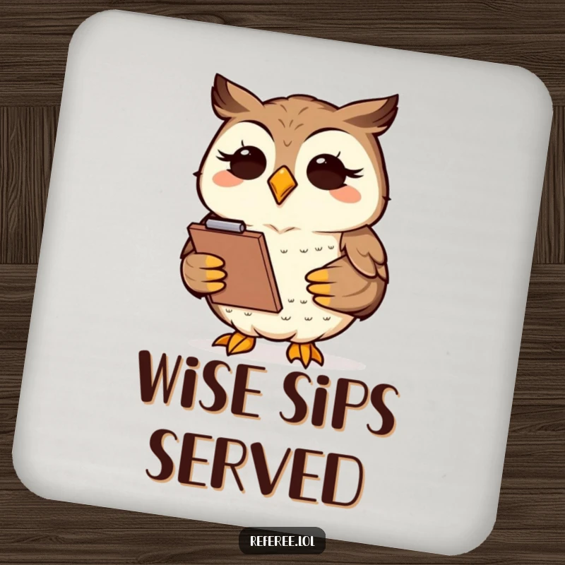 Funny wise owl holding a clipboard, adding a touch of intelligent humor to drink coasters.