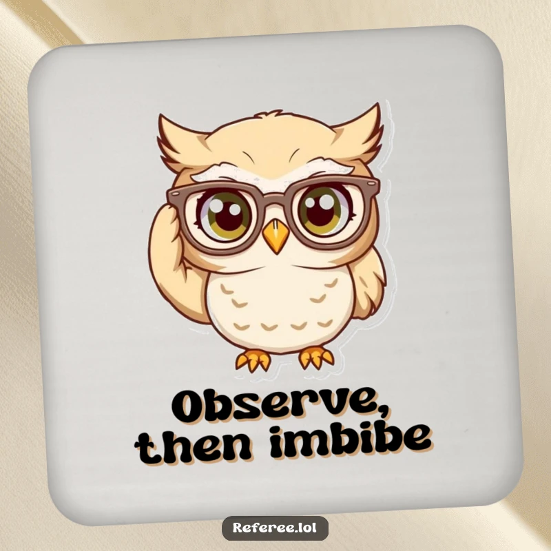 Funny Coaster: Curious owl character adjusting oversized glasses, bringing intellectual humor to table protection.