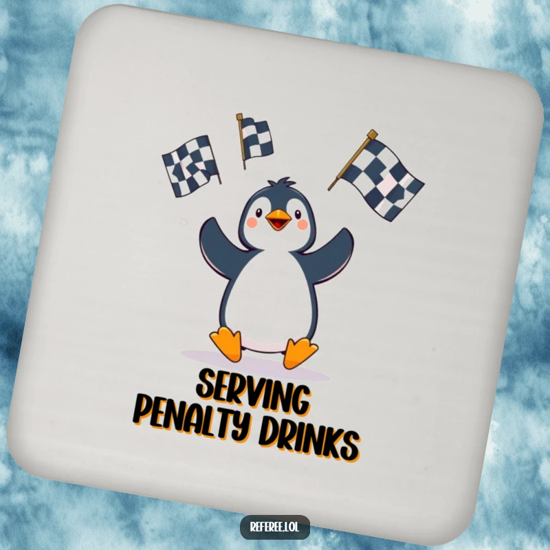 Funny Penguin Coaster: A humorous penguin juggles penalty flags, adding a comical and protective touch to your surfaces.