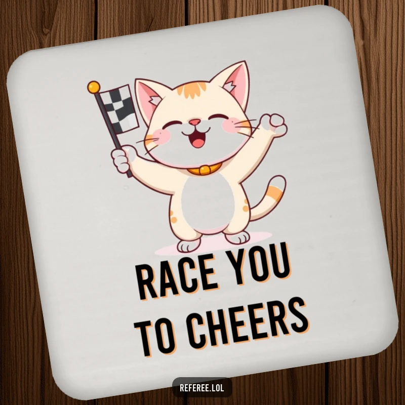 Funny happy cat enthusiastically waving a checkered flag on a drink coaster, preventing spills with speed.