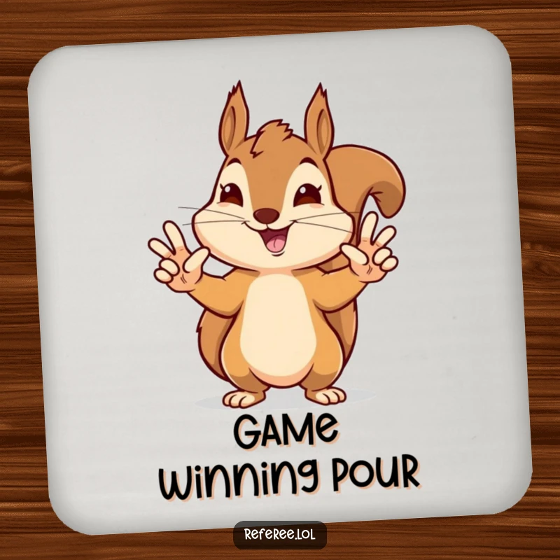 Funny drink coaster with a delighted squirrel giving precise touchdown signals, offering protection with a humorous sports theme.