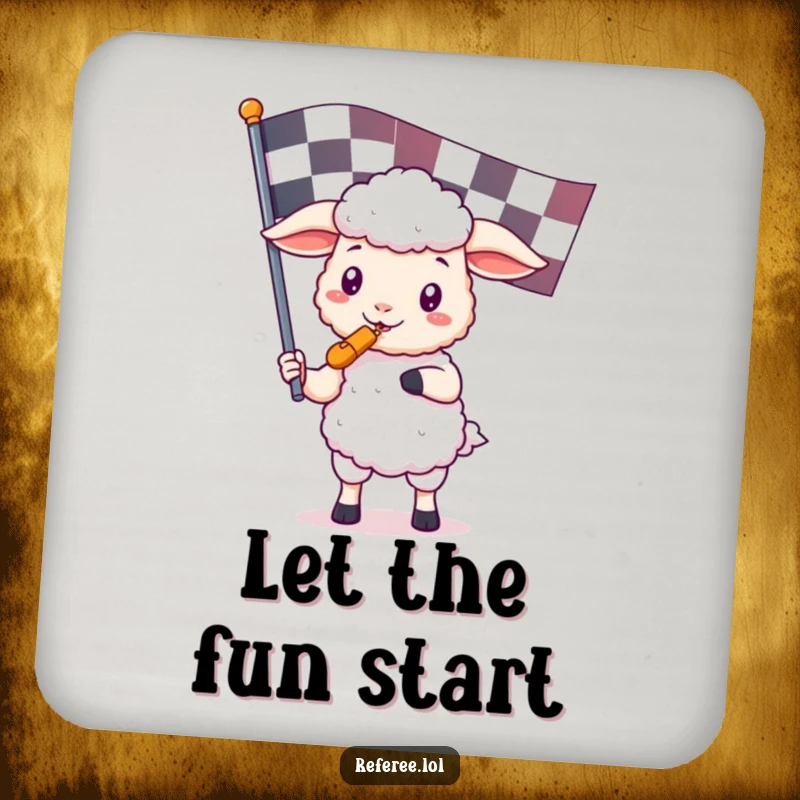Funny drink coaster with a kawaii sheep holding a referee whistle and checkered flag, bringing cute, humorous protection to your surfaces.
