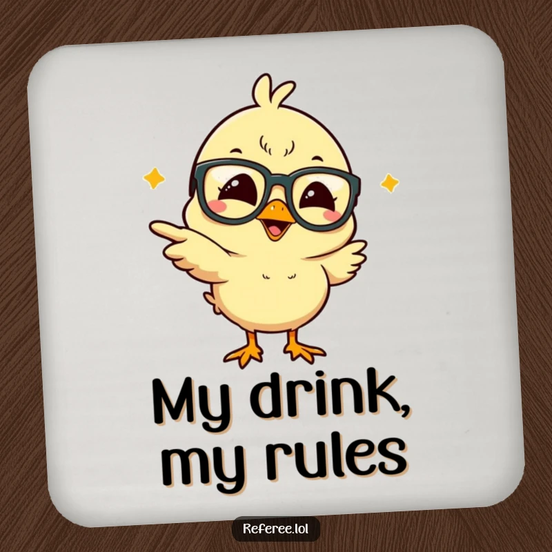 Funny giggling chick wearing glasses, pointing madly, printed on a drink coaster for humorous surface protection and conversation.