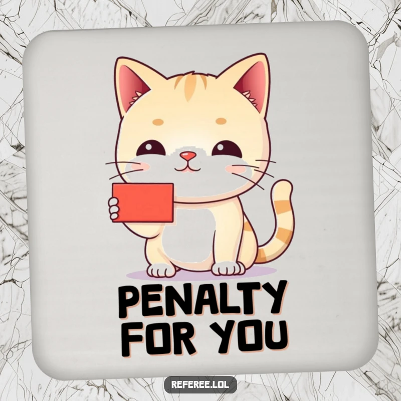 Funny cat red card coaster showing a scolding cat holding a tiny red card, signaling protection for your tables with humor.