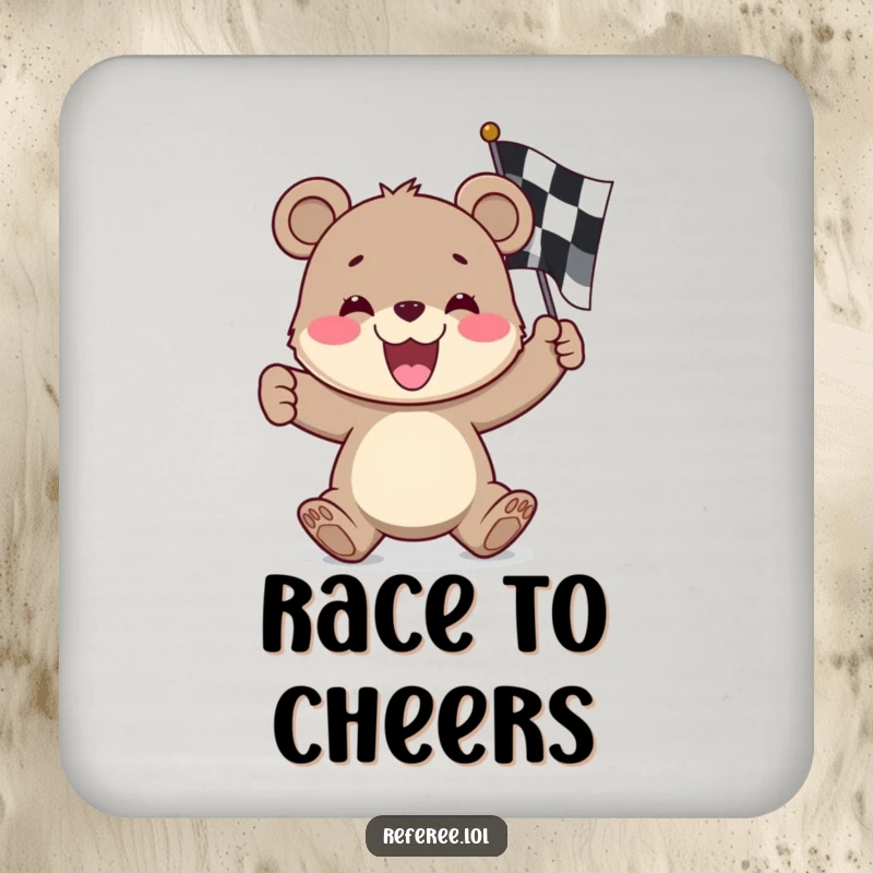 Funny bear cub drink coasters, excitedly waving a checkered flag, adding a dash of racing fun to any surface.