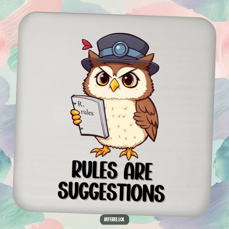 Funny owl rulebook coaster featuring a confused owl in a fancy hat holding a rulebook upside down, adding intellectual humor to tables.