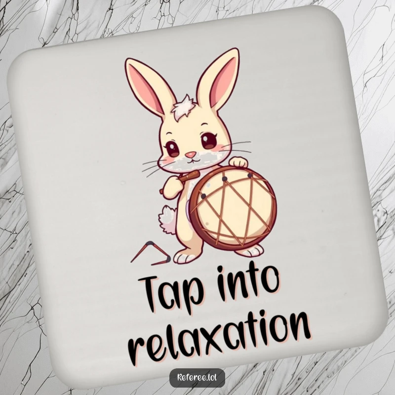Funny Drink Coaster set depicting a curious bunny with a determined look, drumming, perfect for music rooms.