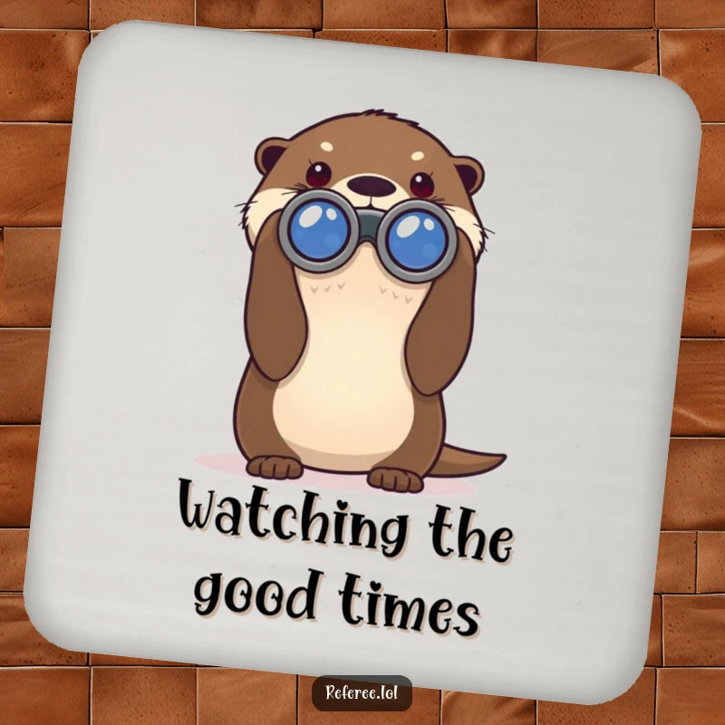 Funny drink coaster featuring a curious otter peering through binoculars, protecting surfaces with humorous exploration.