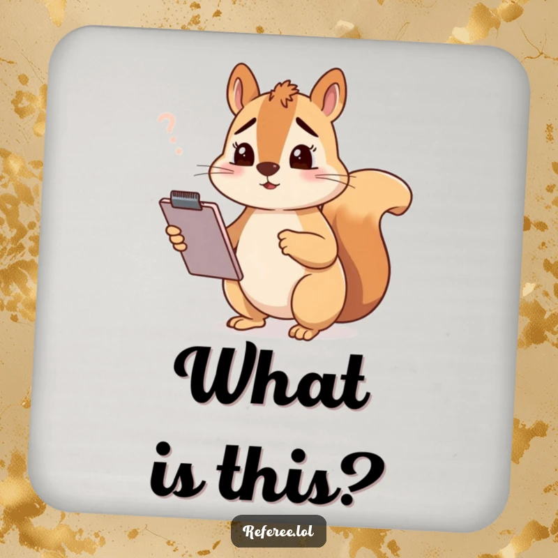 Funny squirrel holding a clipboard with a confused expression, featured on a drink coaster, perfect funny gift.