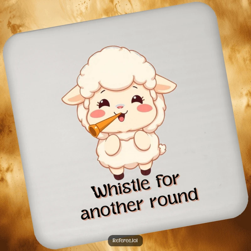 Funny coaster showcasing a joyful sheep blowing a loud whistle, adding a fun element to drink protection.