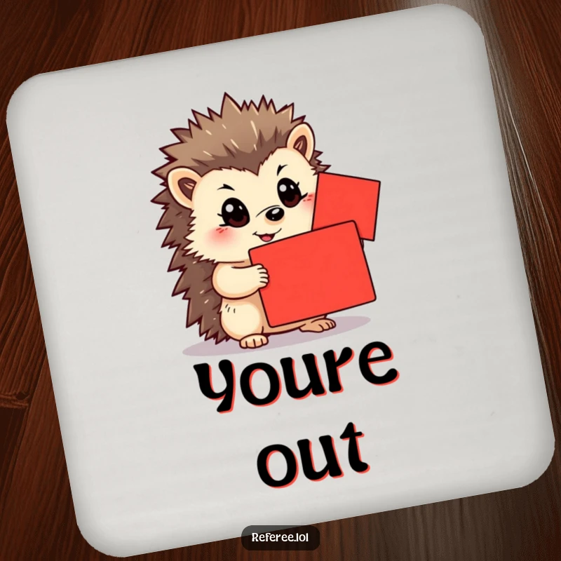 Funny drink coaster with a determined hedgehog holding a bright red card. Protects surfaces with humor, a great funny gift.