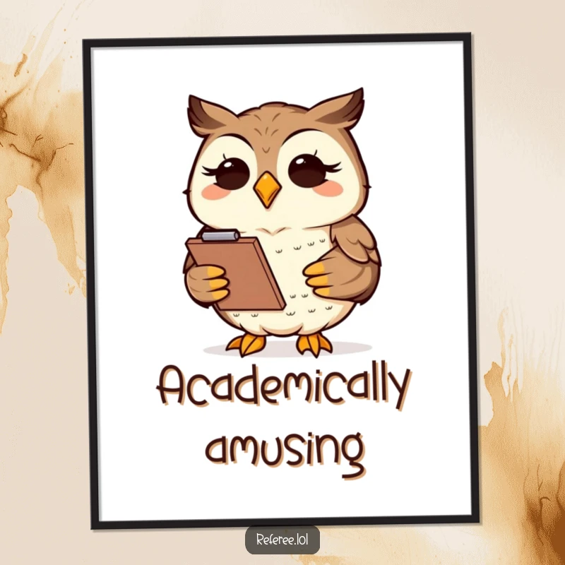 Funny smiling owl nodding wisely, holding a clipboard, as funny wall art for studious types.