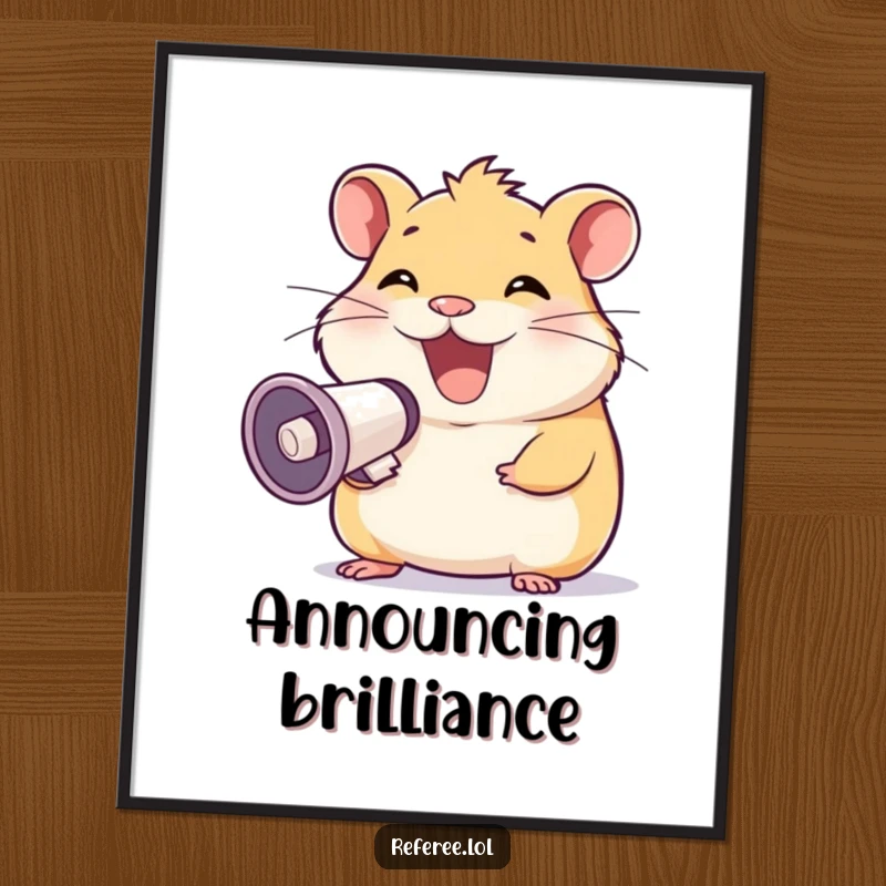 Funny poster featuring a happy hamster grinning widely and holding a megaphone, humorous wall art, a great funny gift.