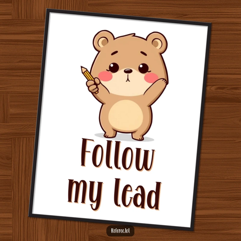 Funny determined bear energetically pointing with a tiny pencil on a poster, inspiring ambition.