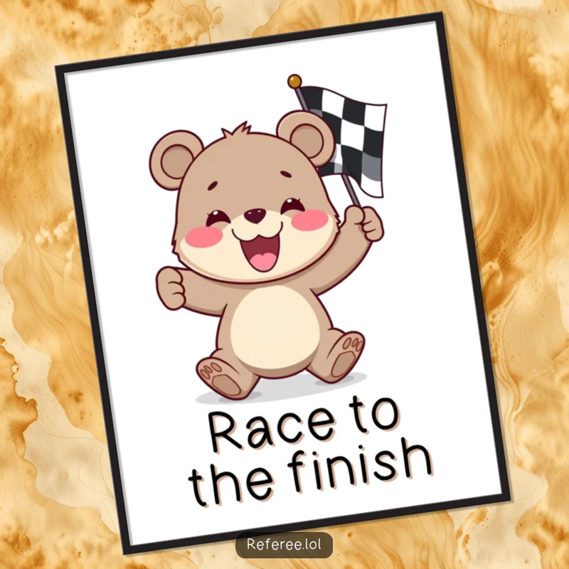 Funny bear cub poster, victoriously waving a checkered flag, exuding happiness and the thrill of the finish line.