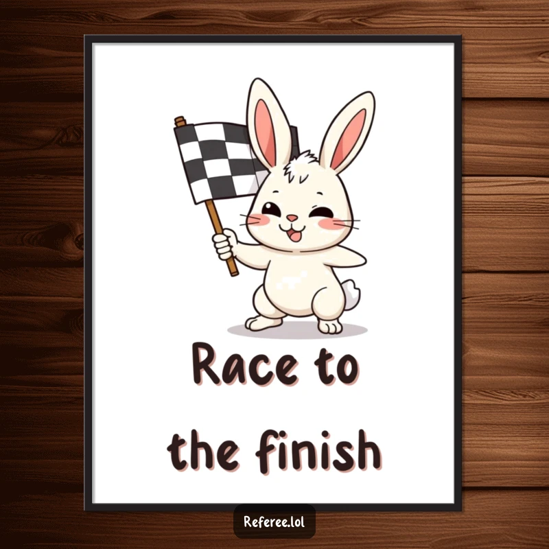 Funny bunny poster capturing a determined rabbit furiously waving a checkered flag, symbolizing speed, victory, and fun.